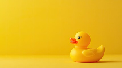 Bright yellow background with a small yellow rubber duck, placed off-center and playful