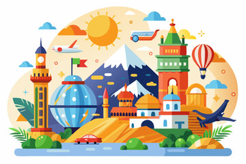 A Colorful Illustration of Various Architectural Landmarks