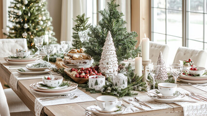 A festive dining table set for a family gathering during the holiday season, adorned with candles, greenery, and red decorations, creating a warm and inviting atmosphere.