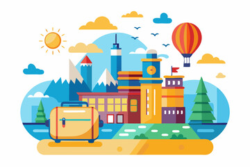 Obraz premium A Colorful Cityscape with a Hot Air Balloon and a Suitcase