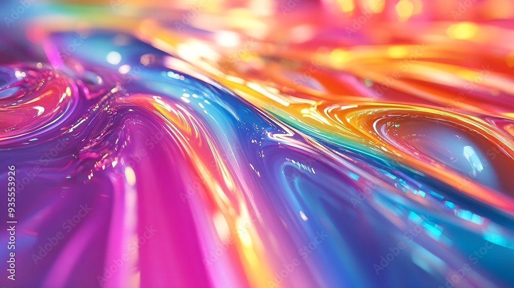 Poster A complex interplay of rainbow colors creates a liquidlike abstraction on a 3d glass surface with warped and stretched light : Generative AI