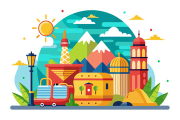 Colorful Cityscape with Buildings, Mountains, and a Sun