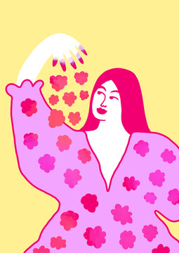Woman throwing dropping raspberries, lady wearing a dress with raspberry pattern, flat illustration