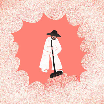 Male Janitor cleaning the dusty floor, hand drawn illustration