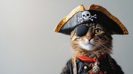 Funny animal costume of a cat pirate captain wearing a tricorn hat and eyepatch with skulls and crossbones isolated on a white background : Generative AI