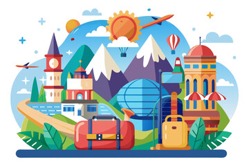 Travel Illustration with Luggage, Buildings, and Nature Elements