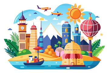 Colorful Cityscape with Towers, Sun, and Hot Air Balloon