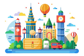 Colorful Cityscape with Hot Air Balloons and Buildings