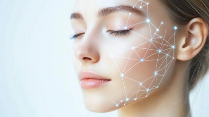 A young woman closes her eyes, showcasing a digital network of lights and lines across her face, symbolizing advanced technology and beauty.