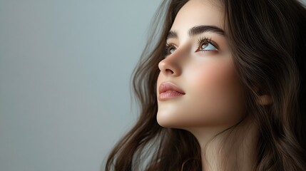 Fototapeta premium Beauty fashion makeup concept Beautiful woman with brown long hairs closeup portrait looking up in grey studio background with copy space Eyes is in camera focus Soft gray color filter : Generative AI