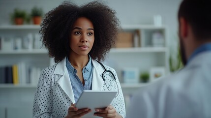 Overshoulder view of african american woman analyzing patients nutrition data on digital tablet in consulting room Efficient dietitian assessing health needs of male client in medical  : Generative AI
