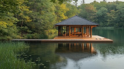 Obraz premium Tranquil Meditation Pavilion Drifting on Calm Lake Waters