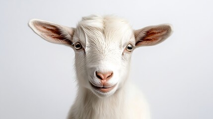 Obraz premium Beautiful cute young white goat isolated on white background Farm animals Funny goat try to kiss someone White goat with a beard isolated on white : Generative AI