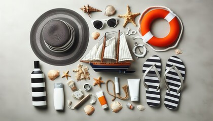 Flat lay of summer vacation essentials arranged on a gray background. Ideal for travel and lifestyle promotions..Concept: Summer vacation, travel essentials, beach holiday, cruise, nautical theme.