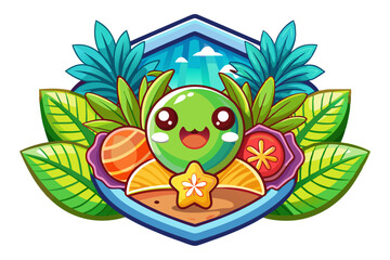 Fototapeta premium Cartoon Green Fruit Character with Surrounding Tropical Foliage
