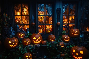 A spooky haunted house scene with dark windows