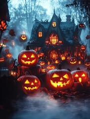 A spooky Halloween night scene with glowing jackolanterns, fog, and creepy decorations, setting the stage for a night of scary surprises and festive excitement Copy space available