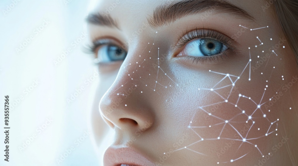 Poster a woman with striking blue eyes gazes forward while a constellation pattern softly illuminates her f