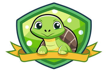 Obraz premium Cartoon Turtle with Big Eyes Holding a Yellow Banner