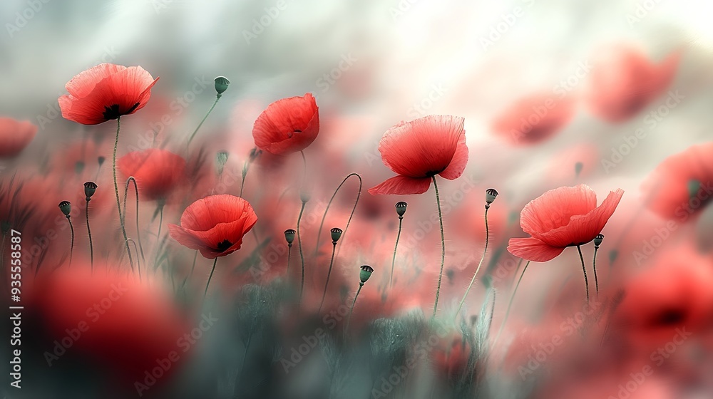 Aufkleber An artistic blur effect capturing the delicate beauty of red poppies in soft focus creating a dreamlike ethereal atmosphere : Generative AI