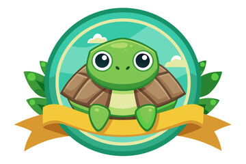 Fototapeta premium Cute Cartoon Turtle with Yellow Ribbon and Green Leaves