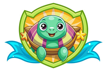 Fototapeta premium Cartoon Turtle in a Shell with a Flower and a Star