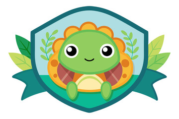 Fototapeta premium Cute Cartoon Turtle in a Shield with Leaves