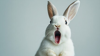 Obraz premium Studio portrait of white rabbit with mouth open against a white backdrop : Generative AI