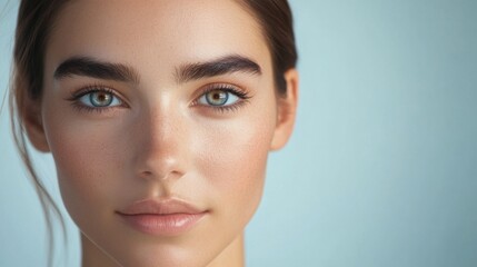 Fototapeta premium A young woman with captivating blue eyes and flawless skin gazes directly at the viewer, creating a serene and engaging expression.
