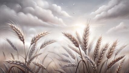 Wheat field in soft light embracing tranquility under cloudy sky
