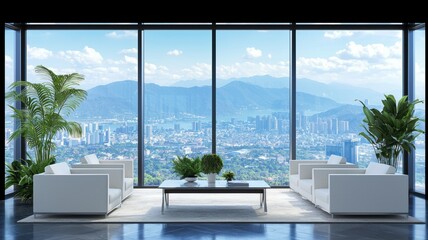 Fototapeta premium A modern living room with large windows offering stunning mountain views, featuring stylish furniture and decorative plants.