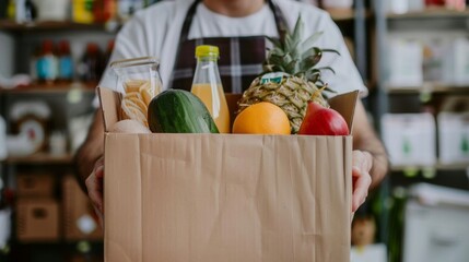 A person holds a cardboard box filled with fresh fruits, vegetables, and beverages while standing in a market, showcasing the convenience of home delivery services