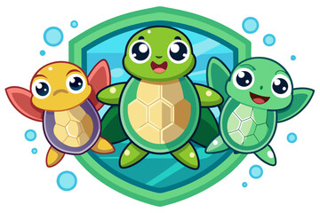 Obraz premium Three Cartoon Turtles with Big Eyes and Smiling Faces Surrounded by Bubbles