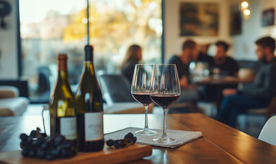 Cozy wine tasting with blurred social gathering in a warm, inviting setting