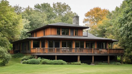 A large house with a deck and balcony in the middle of lush green grass, AI