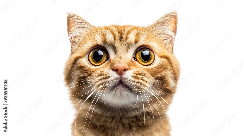 Poster portrait of a surprised cat scottish straight closeup isolated on white background : generative ai