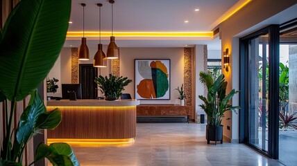 Modern hotel lobby with wooden reception desk, stylish lighting, and tropical plants creating a warm atmosphere.