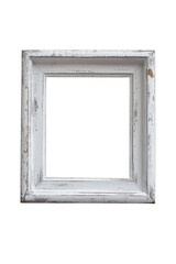 A weathered, rustic white picture frame with a distressed finish, isolated on a white background, ideal for shabby chic or vintage design themes