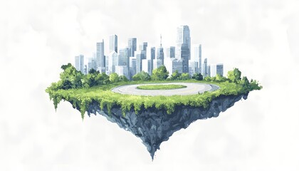 Fototapeta premium A floating island featuring a contemporary cityscape and a curved road, hovering above a transparent background, ideal for creative concepts