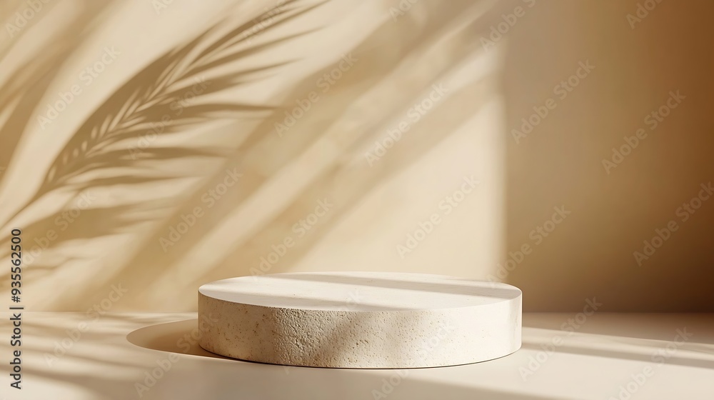 Aufkleber Cosmetic background for product presentation White empty plaster podium with shadows on biege background : Generative AI