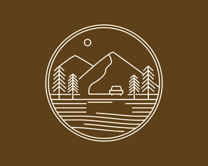Nature and travel line art boho vector outdoor badge or emblem. Round bohemian logo design. Modern symbol in trendy minimalist lineart style. Perfect for apparel prints or posters.