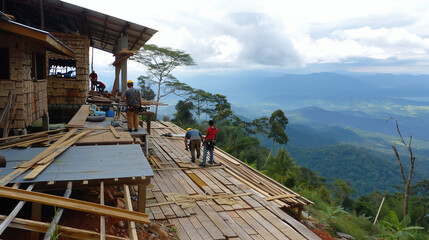 A large wooden deck being built on a hillside, with carpenters using power tools, beams and planks, overlooking a panoramic view