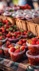Plastic cups filled with delicious strawberry jam are displayed prominently at a bustling outdoor farmers market, surrounded by fresh strawberries