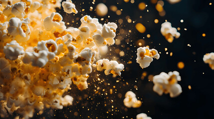 Popcorn kernels bursting into popped corn on cinema-themed dark background