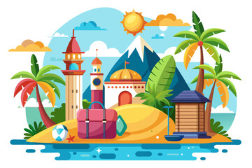 Tropical Island Vacation Destination with Palm Trees, Buildings, and a Suitcase