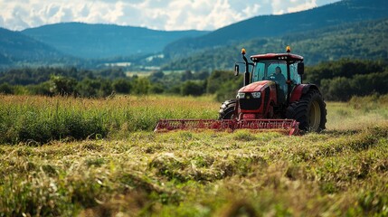 Obraz premium A tractor grass cutter in field for agricultural machinery