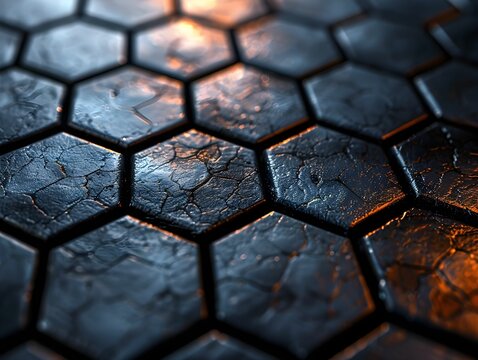 Textured hexagonal pattern with dramatic lighting in a dimly lit environment showcasing industrial design elements
