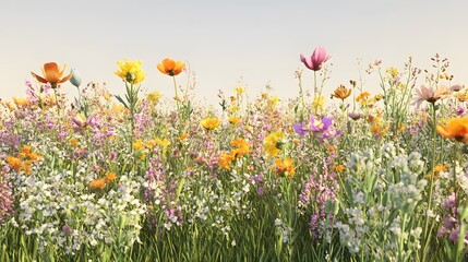 Obraz premium 19. Detailed 3D representation of a vibrant spring meadow with colorful wildflowers, isolated on a smooth background