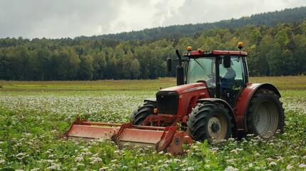 A tractor grass cutter in field for agricultural machinery