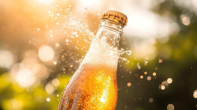 Cold soda bottle being opened with fizz exploding on bright summer background